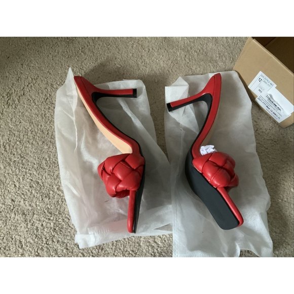 Womens Braided Heeled Mules Square Open Toe Stilleto Sandals, Red Heeled Sandals - Picture 4 of 9